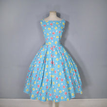 Load image into Gallery viewer, 50s TURQUOISE COTTON DAY DRESS WITH BRIGHT YELLOW AND RED PRINT - S