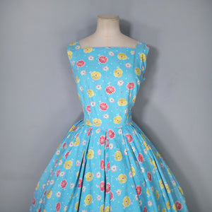 50s TURQUOISE COTTON DAY DRESS WITH BRIGHT YELLOW AND RED PRINT - S