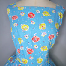 Load image into Gallery viewer, 50s TURQUOISE COTTON DAY DRESS WITH BRIGHT YELLOW AND RED PRINT - S