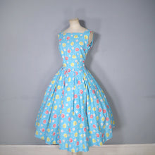 Load image into Gallery viewer, 50s TURQUOISE COTTON DAY DRESS WITH BRIGHT YELLOW AND RED PRINT - S