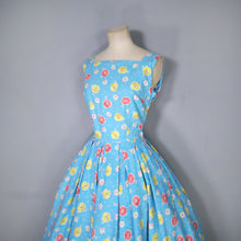 Load image into Gallery viewer, 50s TURQUOISE COTTON DAY DRESS WITH BRIGHT YELLOW AND RED PRINT - S