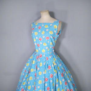 50s TURQUOISE COTTON DAY DRESS WITH BRIGHT YELLOW AND RED PRINT - S