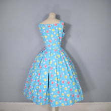 Load image into Gallery viewer, 50s TURQUOISE COTTON DAY DRESS WITH BRIGHT YELLOW AND RED PRINT - S