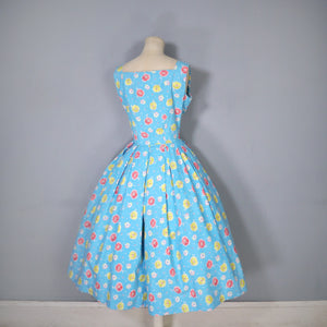 50s TURQUOISE COTTON DAY DRESS WITH BRIGHT YELLOW AND RED PRINT - S