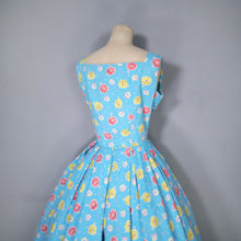 Load image into Gallery viewer, 50s TURQUOISE COTTON DAY DRESS WITH BRIGHT YELLOW AND RED PRINT - S