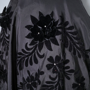 50s STRAPPY TAFFETA EVENING DRESS WITH VELVET FLOCKING AND 3D FLOWERS - XS