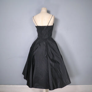 50s STRAPPY TAFFETA EVENING DRESS WITH VELVET FLOCKING AND 3D FLOWERS - XS