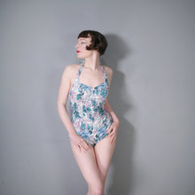 Load image into Gallery viewer, 50s BIG BLUE ROSE FLORAL PRINT SHIRRED COTTON SWIMSUIT - S-M