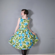 Load image into Gallery viewer, 50s GREEN AND BLUE FLORAL PRINT COTTON FULL SKIRTED DRESS - S