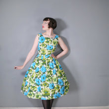 Load image into Gallery viewer, 50s GREEN AND BLUE FLORAL PRINT COTTON FULL SKIRTED DRESS - S