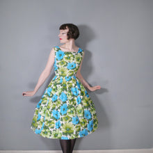 Load image into Gallery viewer, 50s GREEN AND BLUE FLORAL PRINT COTTON FULL SKIRTED DRESS - S