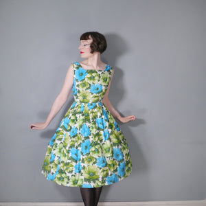 50s GREEN AND BLUE FLORAL PRINT COTTON FULL SKIRTED DRESS - S