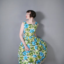 Load image into Gallery viewer, 50s GREEN AND BLUE FLORAL PRINT COTTON FULL SKIRTED DRESS - S