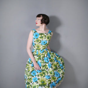 50s GREEN AND BLUE FLORAL PRINT COTTON FULL SKIRTED DRESS - S