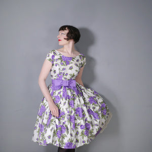 50s CALIFORNIA COTTONS PURPLE ROSE PRINT PARTY BOW DRESS - XS / PETITE