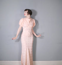 Load image into Gallery viewer, 30s PEACH BIAS CUT EVENING DRESS WITH HUGE PUFF SLEEVE AND DRAPED NECK - S