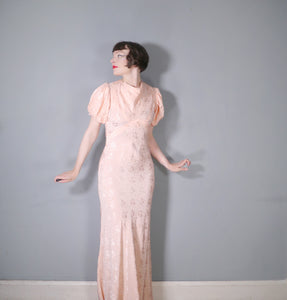 30s PEACH BIAS CUT EVENING DRESS WITH HUGE PUFF SLEEVE AND DRAPED NECK - S