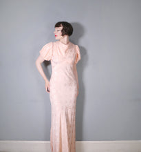 Load image into Gallery viewer, 30s PEACH BIAS CUT EVENING DRESS WITH HUGE PUFF SLEEVE AND DRAPED NECK - S