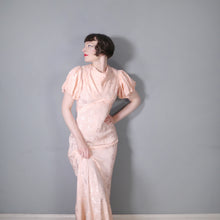 Load image into Gallery viewer, 30s PEACH BIAS CUT EVENING DRESS WITH HUGE PUFF SLEEVE AND DRAPED NECK - S