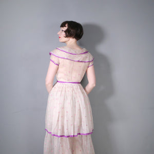 30s GAUZY SHEER EMBROIDERED TIERED SUMMER LAWN DRESS - S