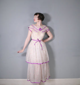 30s GAUZY SHEER EMBROIDERED TIERED SUMMER LAWN DRESS - S