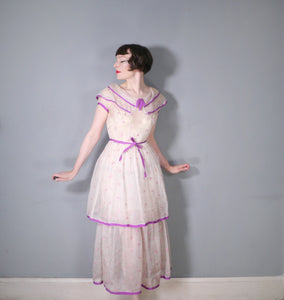 30s GAUZY SHEER EMBROIDERED TIERED SUMMER LAWN DRESS - S