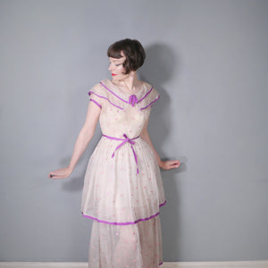 30s GAUZY SHEER EMBROIDERED TIERED SUMMER LAWN DRESS - S