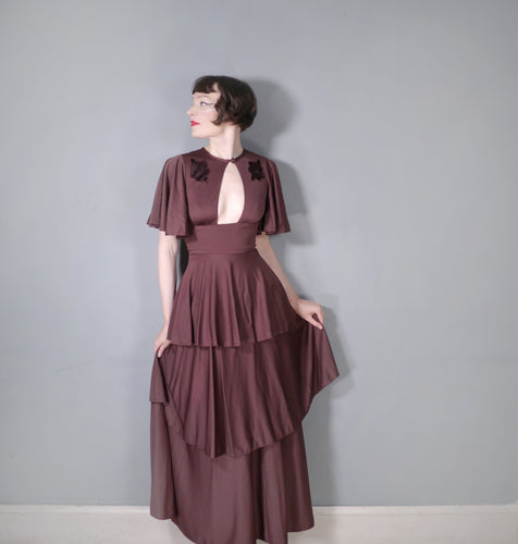 70s CHESTNUT BROWN TIERED MAXI DRESS WITH KEYHOLE PLUNGE NECK - XS