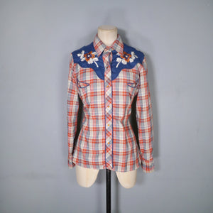 KENNY ROGERS / KARMAN 70s 80s RED CHECK WESTERN EMBROIDERED SHIRT - S-M