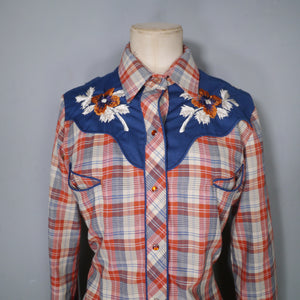 KENNY ROGERS / KARMAN 70s 80s RED CHECK WESTERN EMBROIDERED SHIRT - S-M