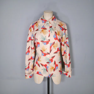 70s NOVELTY PRINT ROMANTIC LADY WITH HAT SHIRT - L