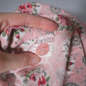 40s LINENIDE PINK ROSE FLORAL COTTON HOUSE SMOCK - M