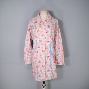 40s LINENIDE PINK ROSE FLORAL COTTON HOUSE SMOCK - M