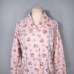 40s LINENIDE PINK ROSE FLORAL COTTON HOUSE SMOCK - M