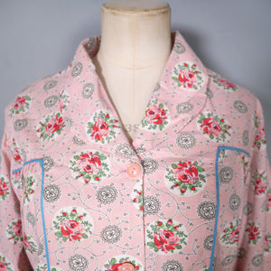 40s LINENIDE PINK ROSE FLORAL COTTON HOUSE SMOCK - M