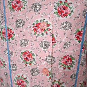 40s LINENIDE PINK ROSE FLORAL COTTON HOUSE SMOCK - M