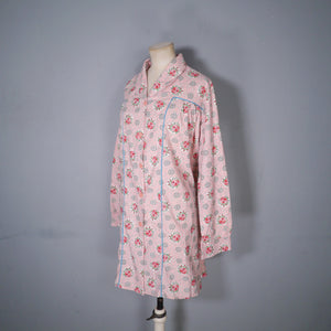 40s LINENIDE PINK ROSE FLORAL COTTON HOUSE SMOCK - M