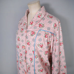 40s LINENIDE PINK ROSE FLORAL COTTON HOUSE SMOCK - M