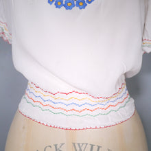 Load image into Gallery viewer, 60s 70s WHITE CREPE HUNGARIAN FOLK SMOCK BLOUSE WITH EMBROIDERY - XS