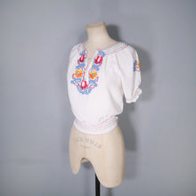 Load image into Gallery viewer, 60s 70s WHITE CREPE HUNGARIAN FOLK SMOCK BLOUSE WITH EMBROIDERY - XS