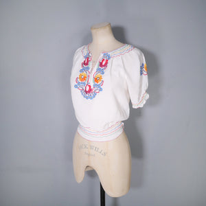 60s 70s WHITE CREPE HUNGARIAN FOLK SMOCK BLOUSE WITH EMBROIDERY - XS