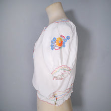 Load image into Gallery viewer, 60s 70s WHITE CREPE HUNGARIAN FOLK SMOCK BLOUSE WITH EMBROIDERY - XS