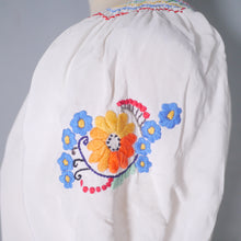 Load image into Gallery viewer, 60s 70s WHITE CREPE HUNGARIAN FOLK SMOCK BLOUSE WITH EMBROIDERY - XS