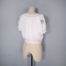 Load image into Gallery viewer, 60s 70s WHITE CREPE HUNGARIAN FOLK SMOCK BLOUSE WITH EMBROIDERY - XS