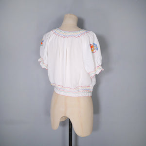 60s 70s WHITE CREPE HUNGARIAN FOLK SMOCK BLOUSE WITH EMBROIDERY - XS