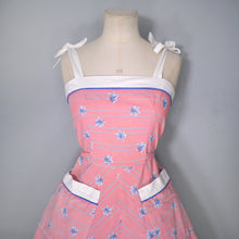 Load image into Gallery viewer, 70s does 50s RED AND BLUE LEAF PRINT SUN DRESS WITH TIE STRAPS - XS