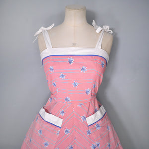 70s does 50s RED AND BLUE LEAF PRINT SUN DRESS WITH TIE STRAPS - XS