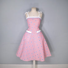 Load image into Gallery viewer, 70s does 50s RED AND BLUE LEAF PRINT SUN DRESS WITH TIE STRAPS - XS