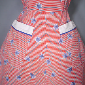 70s does 50s RED AND BLUE LEAF PRINT SUN DRESS WITH TIE STRAPS - XS