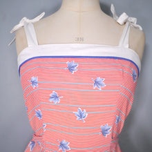 Load image into Gallery viewer, 70s does 50s RED AND BLUE LEAF PRINT SUN DRESS WITH TIE STRAPS - XS